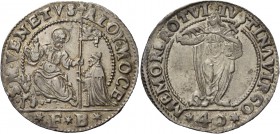 Alvise I Mocenigo doge LXXXV, 1570-1577. Da 40 soldi, AR 8,99 g. ALOY MOCE – S M VENETVS S. Marco nimbato, seduto a s., benedice e porge il vessillo a...