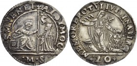 Alvise I Mocenigo doge LXXXV, 1570-1577. Da 20 soldi, AR 4,48 g. ALOY MOC – S M VENET S. Marco nimbato, seduto su scranno a s., porge il vessillo al d...