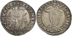 Sebastiano Venier doge LXXXVI, 1577-1578. Da 40 soldi, AR 8,93 g. SEB VENERI – S M VENET S. Marco nimbato, seduto su scranno a s., porge il vessillo a...