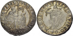 Sebastiano Venier doge LXXXVI, 1577-1578. Da 40 soldi, AR 9,03 g. SEB VENERI – S M VENET S. Marco nimbato, seduto su scranno a s., porge il vessillo a...