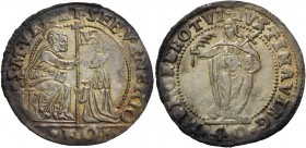 Sebastiano Venier doge LXXXVI, 1577-1578. Da 40 soldi, AR 9,09 g. SEB VENERIO – S M VENET S. Marco nimbato, seduto su scranno a s., porge il vessillo ...