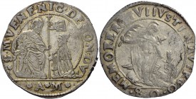 Nicolò da Ponte doge LXXXVII, 1578-1585. Mezzo scudo da 4 lire o 80 soldi, AR 18,17 g. S M VENE NIC DE PON DVX S. Marco nimbato, seduto in trono a s.,...