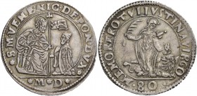 Nicolò da Ponte doge LXXXVII, 1578-1585. Mezzo scudo da 4 lire o 80 soldi, AR 18,02 g. S M VENE NIC DE PON DVX S. Marco nimbato, seduto in trono a s.,...