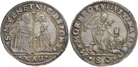 Nicolò da Ponte doge LXXXVII, 1578-1585. Mezzo scudo da 4 lire o 80 soldi, AR 18,00 g. S M VENET NIC DE PONT – DVX S. Marco nimbato, seduto in trono a...