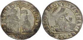 Nicolò da Ponte doge LXXXVII, 1578-1585. Mezzo scudo da 4 lire o 80 soldi, AR 18,10 g. S M VENET NIC DE PONTE – DVX S. Marco nimbato, seduto in trono ...