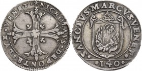 Nicolò da Ponte doge LXXXVII, 1578-1585. Scudo della croce, AR 31,70 g. NICHOLAVS DE PONTE DVX VENET Croce ornata e fogliata, accantonata da quattro f...