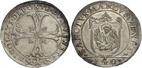 Nicolò da Ponte doge LXXXVII, 1578-1585. Scudo della croce, AR 31,63 g. NICOLAVS DE PONTE DVX VENET: Croce ornata e fogliata, accantonata da quattro f...
