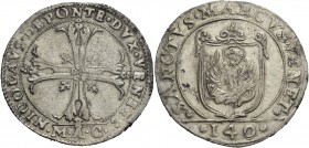 Nicolò da Ponte doge LXXXVII, 1578-1585. Scudo della croce, AR 31,40 g. NICOLAVS DE PONTE DVX VENET: Croce ornata e fogliata, accantonata da quattro f...
