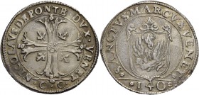 Nicolò da Ponte doge LXXXVII, 1578-1585. Scudo della croce, AR 31,40 g. NICOLAVS DE PONTE DVX VENET Croce ornata e fogliata, accantonata da quattro fo...