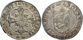 Nicolò da Ponte doge LXXXVII, 1578-1585. Scudo della croce, AR 31,52 g. NICOLAVS DE PONTE DVX VENETVS Croce ornata e fogliata, accantonata da quattro ...
