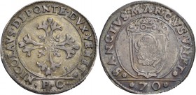 Nicolò da Ponte doge LXXXVII, 1578-1585. Mezzo scudo della croce, AR 15,42 g. NICOLAVS DE PONTE DVX VENET Croce ornata e fogliata, accantonata da quat...