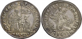 Pasquale Cicogna doge LXXXVIII, 1585-1595. Scudo da 8 lire o 160 soldi, AR 36,05 g. PASC CICON – DVX S M VENE S. Marco nimbato, seduto in trono a s., ...