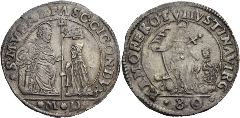Pasquale Cicogna doge LXXXVIII, 1585-1595. Mezzo scudo da 4 lire o 80 soldi, AR ...