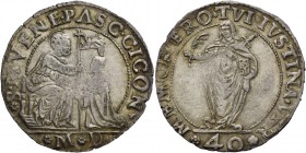 Pasquale Cicogna doge LXXXVIII, 1585-1595. Quarto di scudo da 2 lire o 40 soldi, AR 9,08 g. S M VENE PASC CICON S. Marco nimbato, seduto in trono a s....