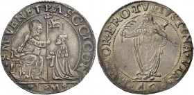 Pasquale Cicogna doge LXXXVIII, 1585-1595. Quarto di scudo da 2 lire o 40 soldi, AR 9,01 g. S M VENET PASC CICON S. Marco nimbato, seduto in trono a s...