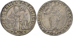 Pasquale Cicogna doge LXXXVIII, 1585-1595. Quarto di scudo da 2 lire o 40 soldi, AR 9,02 g. S M VENET PASC CICON S. Marco nimbato, seduto in trono a s...