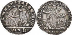 Pasquale Cicogna doge LXXXVIII, 1585-1595. Ottavo di scudo da 1 lira o 20 soldi, AR 4,36 g. S M VENE PASC CICON S. Marco nimbato, seduto in trono a s....