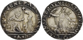 Pasquale Cicogna doge LXXXVIII, 1585-1595. Ottavo di scudo da 1 lira o 20 soldi, AR 4,28 g. S M VENE PASC CICON S. Marco nimbato, seduto in trono a s....