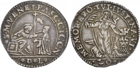 Pasquale Cicogna doge LXXXVIII, 1585-1595. Ottavo di scudo da 1 lira o 20 soldi, AR 4,28 g. S M VENET PASC CICON S. Marco nimbato, seduto in trono a s...