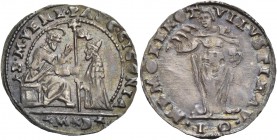 Pasquale Cicogna doge LXXXVIII, 1585-1595. Sedicesimo di scudo da 10 soldi, AR 2,27 g. S M VENET PASC CICONIA S. Marco nimbato, seduto in trono a s., ...