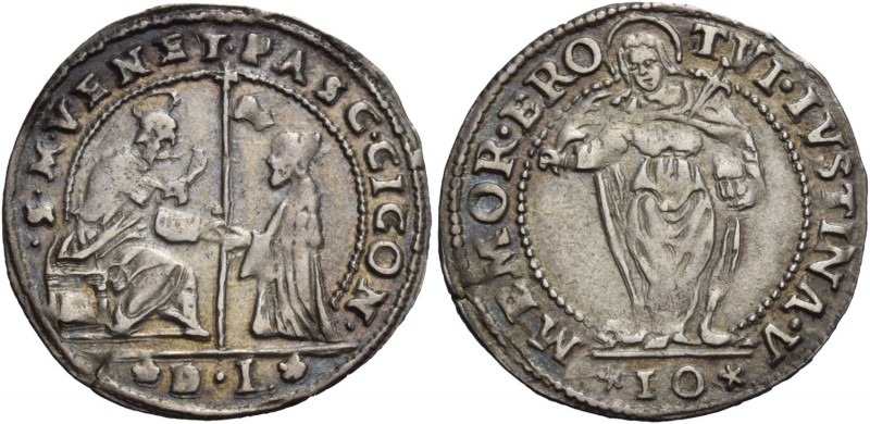 Pasquale Cicogna doge LXXXVIII, 1585-1595. Sedicesimo di scudo da 10 soldi, AR 2...