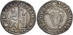 Pasquale Cicogna doge LXXXVIII, 1585-1595. Sedicesimo di scudo da 10 soldi, AR 2,22 g. S M VENET PASC CICONIA S. Marco nimbato, seduto in trono a s., ...