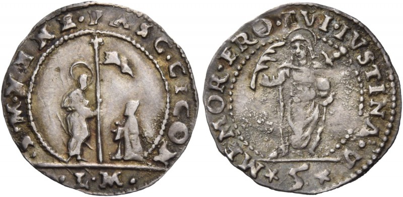Pasquale Cicogna doge LXXXVIII, 1585-1595. Trentaduesimo di scudo da 5 soldi, AR...
