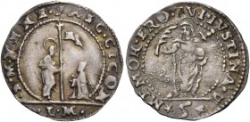 Pasquale Cicogna doge LXXXVIII, 1585-1595. Trentaduesimo di scudo da 5 soldi, AR 1,08 g. S M VENE PASC CICON S. Marco nimbato, stante a s., porge il v...