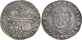 Pasquale Cicogna doge LXXXVIII, 1585-1595. Scudo della croce, AR 31,72 g. PASCHALIS CICONIA DVX VENE Croce ornata e fogliata, accantonata da quattro f...
