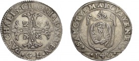 Pasquale Cicogna doge LXXXVIII, 1585-1595. Scudo della croce, AR 31,60 g. PASCHALIS CICONIA DVX VENE Croce ornata e fogliata, accantonata da quattro f...