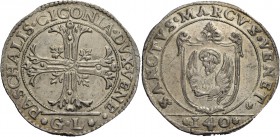 Pasquale Cicogna doge LXXXVIII, 1585-1595. Scudo della croce, AR 31,66 g. PASCHALIS CICONIA DVX VENE Croce ornata e fogliata, accantonata da quattro f...