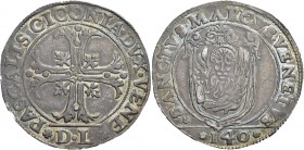 Pasquale Cicogna doge LXXXVIII, 1585-1595. Scudo della croce, AR 31,70 g. PASCALIS CICONIA DVX VENE Croce ornata e fogliata, accantonata da quattro fo...