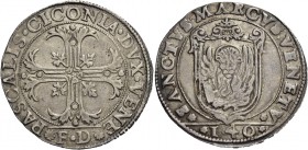 Pasquale Cicogna doge LXXXVIII, 1585-1595. Scudo della croce, AR 31,67 g. PASCALIS CICONIA DVX VENE Croce ornata e fogliata, accantonata da quattro fo...