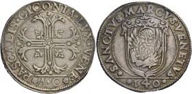 Pasquale Cicogna doge LXXXVIII, 1585-1595. Scudo della croce, AR 31,51 g. PASCALIS CICONIA DVX VENE Croce ornata e fogliata, accantonata da quattro fo...