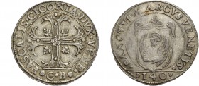 Pasquale Cicogna doge LXXXVIII, 1585-1595. Scudo della croce, AR 31,58 g. PASCALIS CICONIA DVX VENE Croce ornata e fogliata, accantonata da quattro fo...