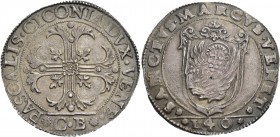 Pasquale Cicogna doge LXXXVIII, 1585-1595. Scudo della croce, AR 31,73 g. PASCALIS CICONIA DVX VENE Croce ornata e fogliata, accantonata da quattro fo...