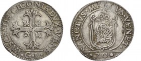 Pasquale Cicogna doge LXXXVIII, 1585-1595. Mezzo scudo della croce, AR 15,80 g. PASCHALIS CICONIA DVX VENE Croce ornata e fogliata, accantonata da qua...