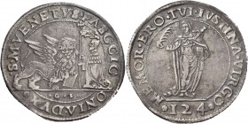 Pasquale Cicogna doge LXXXVIII, 1585-1595. Ducato da 124 soldi, AR 27,88 g. S M VENETVS PASC CIC – ONIA DVX Il Leone alato, a s., volto di fronte e co...