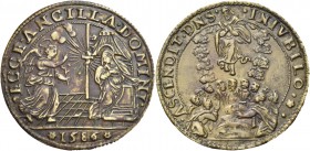 Pasquale Cicogna doge LXXXVIII, 1585-1595. Medaglia 1586 per la ricostruzione della chiesa dell’Ascensione, AE 13,44 g. ECCE ANCILLA DOMINI Scena dell...