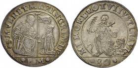 Marino Grimani doge LXXXIX, 1595-1605. Mezzo scudo da 4 lire o 80 soldi, AR 18,08 g. S M VENET MARIN GRIM DV S. Marco nimbato, seduto in trono a s., b...