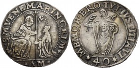 Marino Grimani doge LXXXIX, 1595-1605. Quarto di scudo da 2 lire o 40 soldi, AR 8,97 g. S M VENE MARIN GRIM S. Marco nimbato, seduto in trono a s., po...