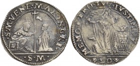 Marino Grimani doge LXXXIX, 1595-1605. Ottavo di scudo da 1 lira o 20 soldi, AR 4,41 g. S M VENE MARIN GRI S. Marco nimbato, seduto in trono a s., por...