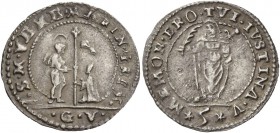 Marino Grimani doge LXXXIX, 1595-1605. Trentaduesimo di scudo da 5 soldi, AR 1,04 g. S M VENE MARIN GRIM S. Marco nimbato, stante a s., porge il vessi...