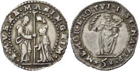Marino Grimani doge LXXXIX, 1595-1605. Trentaduesimo di scudo da 5 soldi, AR 1,07 g. S M VENE MARIN GRIM S. Marco nimbato, stante a s., porge il vessi...