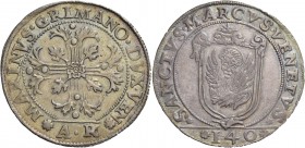 Marino Grimani doge LXXXIX, 1595-1605. Scudo della croce, AR 31,58 g. MARINVS GRIMANO DVX VEN Croce ornata e fogliata, accantonata da quattro foglie d...
