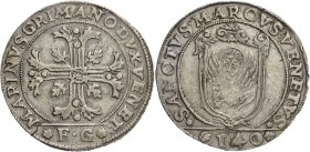 Marino Grimani doge LXXXIX, 1595-1605. Scudo della croce, AR 31,59 g. MARINVS GRIMANO DVX VENET Croce ornata e fogliata, accantonata da quattro foglie...