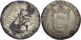 Marino Grimani doge LXXXIX, 1595-1605. Mezzo scudo della croce, AR 12,78 g. MARINVS GRIMANVS DVX VENET Croce ornata e fogliata, accantonata da quattro...