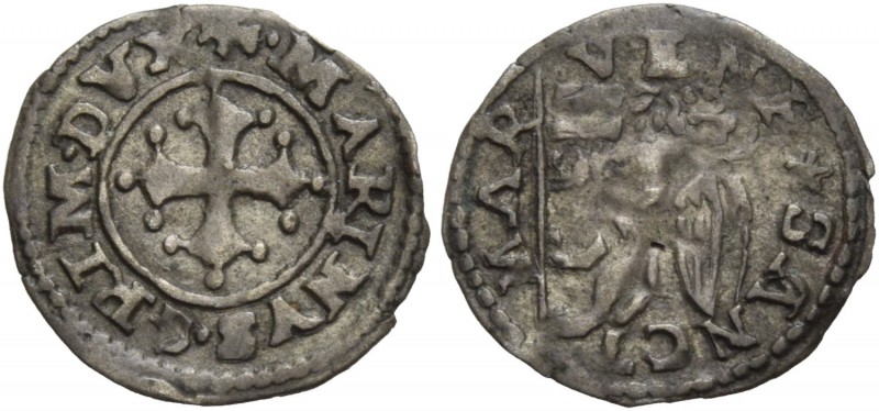 Marino Grimani doge LXXXIX, 1595-1605. Bezzo, AR 0,27 g. + MARINVS GRIM DVX Croc...