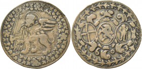 Marino Grimani doge LXXXIX, 1595-1605. Medaglia per l’alleanza con il cantone dei Grigioni 1603. Prova in bronzo, 12,00 g. Il leone di S. Marco, gradi...