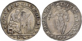 Leonardo Donà doge XC, 1606-1612. Sedicesimo di scudo da 10 soldi, AR 2,23 g. S M VENE LEON DONAT S. Marco nimbato, seduto a s., porge il vessillo al ...